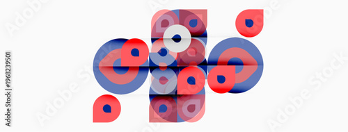 Abstract geometric shapes overlap, creating colorful composition. Red, blue, white tones dominate design. Modern, minimalist aesthetic.