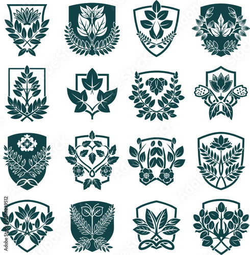 Collection of Decorative Floral Emblems and Crests.