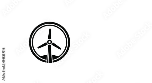 Black and White Wind Turbine Icon on White Background.