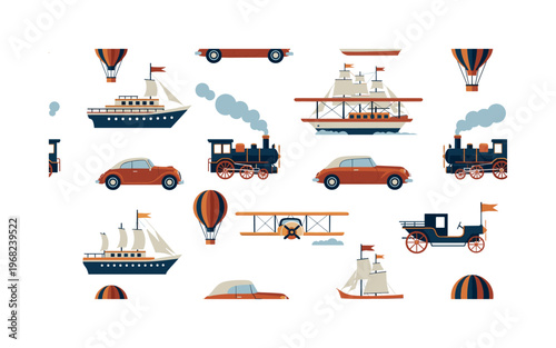retro transport motifs seamless pattern, repeating pattern, surface design, textile print, modern illustration of vintage ships, classic automobiles, biplanes,
