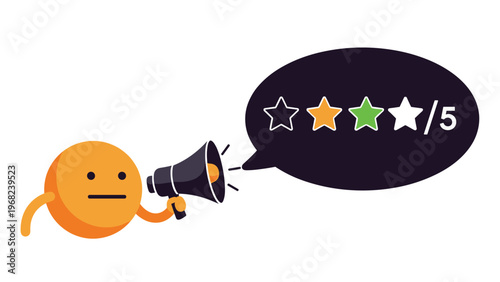 Orange circular character holding a megaphone with a speech bubble showing a three point five out of five star rating.