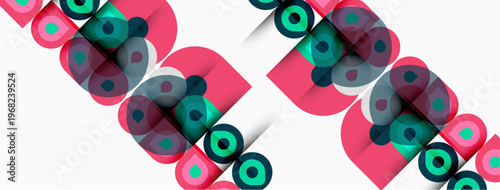 Abstract geometric pattern. Circles, squares overlap creating colorful design. Pink, teal, gray dominate composition. Modern aesthetic.