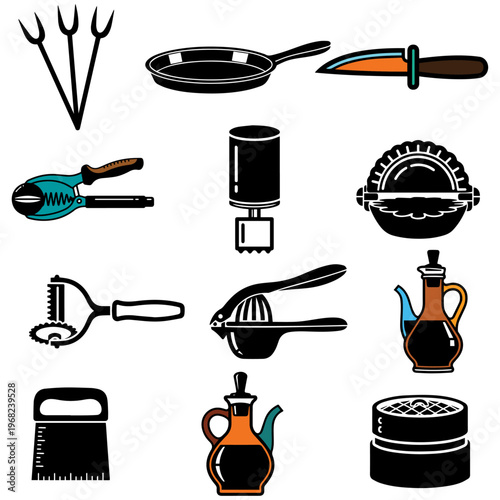 Kitchen utensils icons spoon covered dish garlic press colander pepper mill. Cooking tools vector illustration set black silhouettes.
