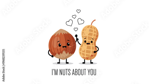 Adorable smiling hazelnut and peanut characters giving each other a high five with white hearts above their heads on white.