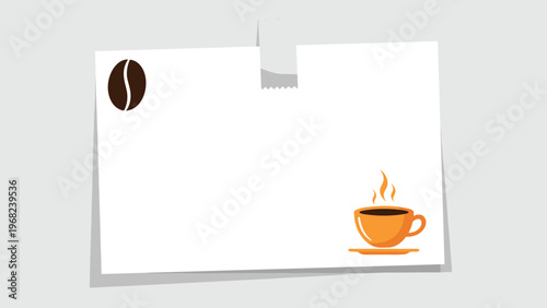 White paper sheet with a brown coffee bean icon in the top left and a steaming orange cup of coffee in the bottom right.