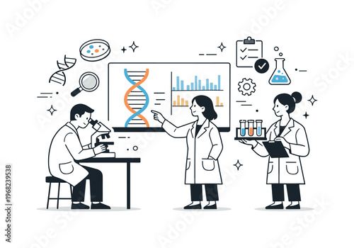Genetic research workflow. Friendly illustration of lab professionals analyzing DNA strands on screens and test tubes, calm innovation and scientific progress