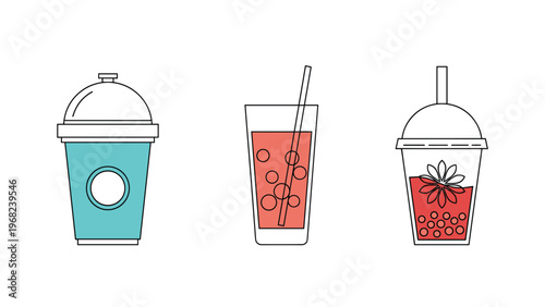 Three minimalist line art drink icons including a closed cup, a glass with a straw, and a boba tea cup with a flower.