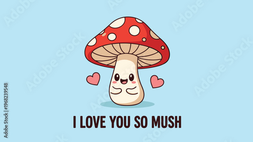 Adorable smiling red mushroom character with white spots and small pink hearts on either side above the text I love you.