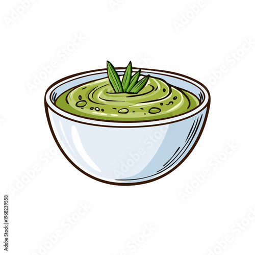 Hand drawn green sauce or dip in white bowl with fresh herb garnish healthy food concept