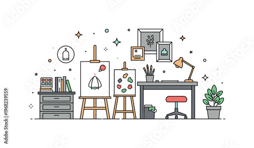 Room creative studio concept where art supplies, easels, and a worktable are arranged while tiny sparkle and star icons highlight imagination, productivity,