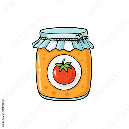 Hand drawn glass jar filled with homemade orange jam and tomato label on lid