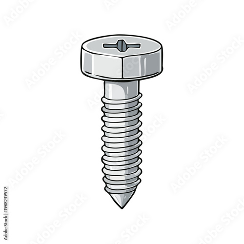 Illustration of a single silver metal screw with a Phillips head and sharp point for fastening