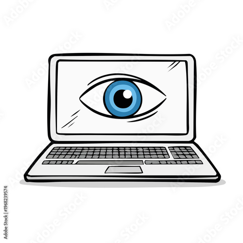 Laptop computer screen displaying a large human eye symbol representing surveillance or monitoring