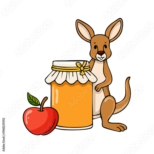 Cute cartoon kangaroo with apple and jar of honey illustration for kids food and Australia themes