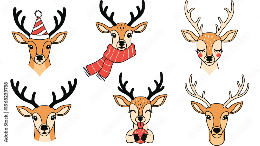 Naklejka premium Variety of six cute cartoon reindeer head illustrations with different expressions, scarves, and party hats isolated on a white background.