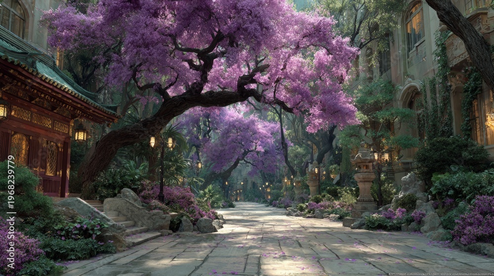 Fototapeta premium Spring reverie in a cherry blossom haven. Visual poster. Soft sakura drift: a subtle color shift in cherry blossom pathway. Poster graphics. Scifi poster.