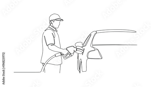 Refueling Vehicle. Minimalistic one-line drawing person holding nozzle filling car gas tank, continuous single black line on white background, simple outline