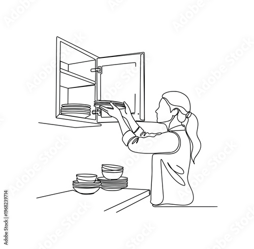 Putting Away Dishes. Minimalistic one-line drawing individual arranging plates in cupboard, continuous single black line on white background, simple outline