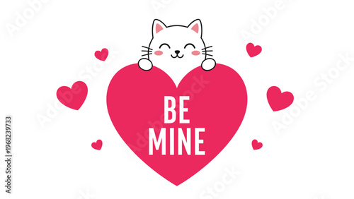 Cute white cartoon kitten peeking over a large pink heart that says Be Mine surrounded by smaller floating hearts for a romantic message.