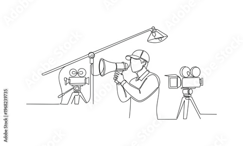 Director at Work. Minimalistic one-line drawing person with megaphone overseeing film production, continuous single black line on white background, simple