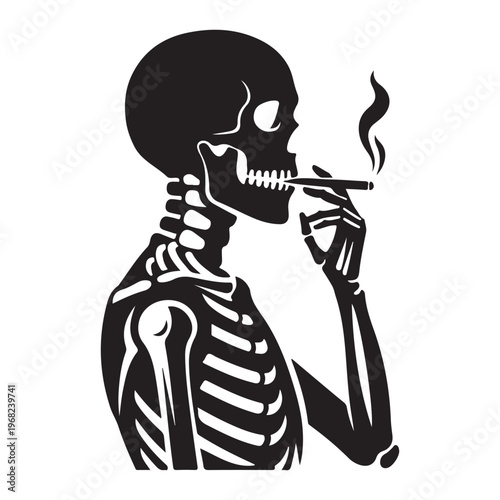human skeleton smoking cigarette anatomy silhouette isolated on white background vector illustration minimal design medical concept artwork