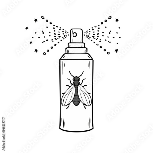 Insecticide spray can with fly graphic spraying mist and stars, hand-drawn illustration