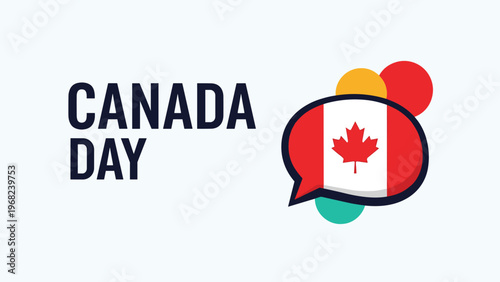 Canada Day celebration graphic with the national flag of Canada inside a speech bubble surrounded by colorful dots on a white background.