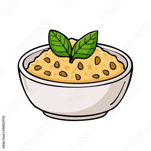 Bowl of Oatmeal Topped with Nuts and Fresh Green Mint Leaves, Healthy Breakfast Meal