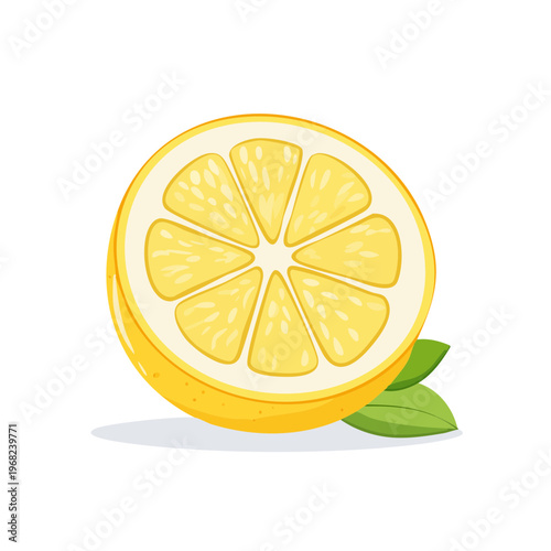 Bright yellow lemon slice with green leaves healthy citrus fruit illustration