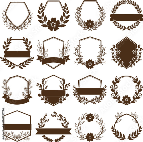 Collection of Decorative Floral Emblems and Frames.