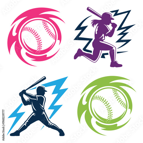 Fastpitch softball players striking lightning bolts, bold vector sketch capturing motion and intensity