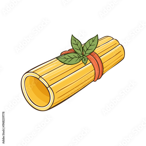 Single Rigatoni Pasta Tube Tied with Basil and Red Ribbon