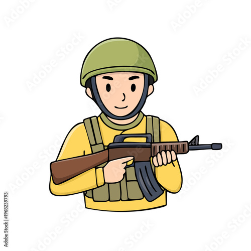 Young Soldier with Rifle Helmet and Camouflage Vest Ready for Duty Cartoon Illustration
