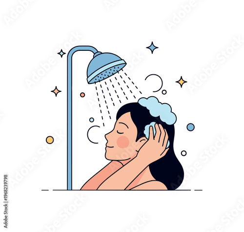 Taking a shower cozy morning routine concept where a person enjoys a warm shower with steam rising while tiny sparkle and star icons highlight relaxation,
