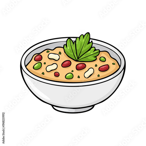 Hearty Bean Stew with Parsley Garnish in a White Bowl, Cartoon Style