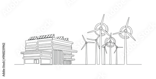 Green Energy Building. Minimalistic one-line drawing building with solar panels and wind turbines nearby, continuous single black line on white background,