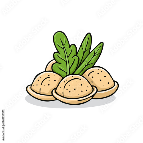Hand drawn illustration of delicious dough dumplings with fresh green leaves