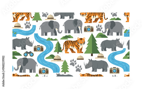 nature protection patterns seamless pattern, repeating pattern, surface design, textile print, modern illustration of elephants, tigers, rhinos, forests,