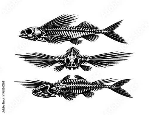 Flying fish skeleton An anatomically accurate flying fish skeleton with elongated fin supports and spine structure, shown as the same skeleton in three