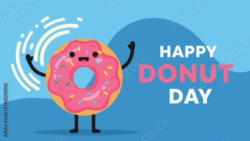 Happy donut day celebration banner featuring a cute pink glazed donut character with sprinkles and waving hands on a blue wavy background.