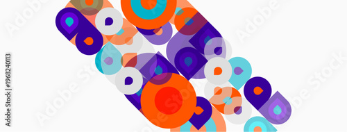 Abstract composition featuring overlapping circles, vibrant hues, playful arrangement. Modern design, simple shapes, clean aesthetic.