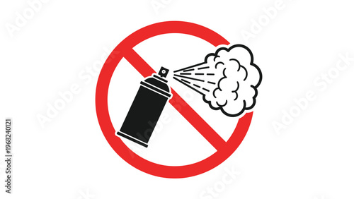Black and white prohibition sign showing a spray can silhouette with a red circle and slash to indicate a no graffiti or no aerosols zone.