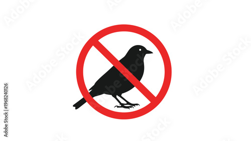 Black bird silhouette inside a red prohibition circle representing a no feeding zone or indicating restrictions against birds in certain areas.