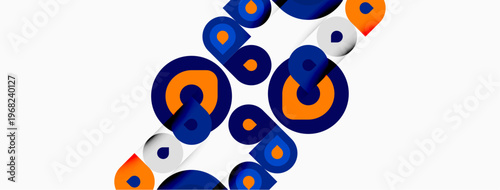 Abstract design features colorful swirling shapes. Blue, orange, gray elements create dynamic composition. Modern aesthetic, simple background.