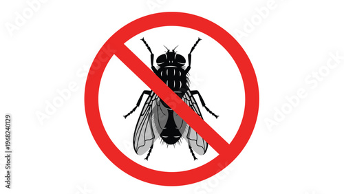 Red prohibition sign with a black fly silhouette in the center to represent a fly-free environment, hygiene standards, or pest control measures.