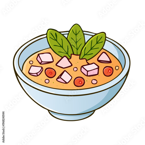 Illustration of a warm bowl of delicious hearty soup with vegetables and cubes of cheese