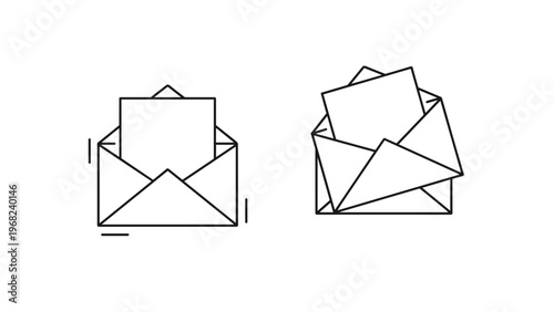 Two different styles of open envelope icons with a white sheet of paper inside shown in flat and perspective views on a white background.