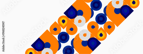 Abstract pattern features orange shapes, blue circles. Minimalist design creates dynamic visual texture. Simple geometry dominates composition.