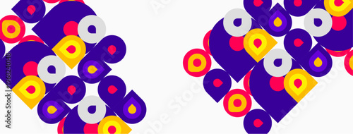 Abstract pattern features repeating purple, yellow, pink shapes. Geometric design creates dynamic visual texture. Simple, modern aesthetic.