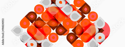 Abstract pattern features repeating orange, red circles, squares. Minimalist design creates dynamic visual texture. Simple shapes overlap.